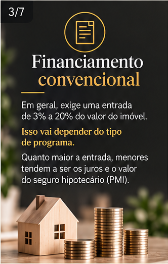 Financiamento convencional: em geral, a entrada pode variar de 3% a 20%, dependendo do programa.